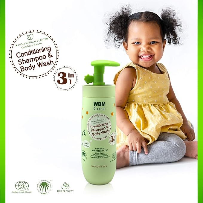WBM Care 3-in-1 Baby Shampoo, enriched with honey, wheatgerm, and organic olive oil, nourishes baby hair with a gentle, tear-free formula for healthy care