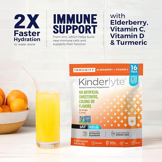 Kinderlyte Immunity Supplement for Kids and Adults, Electrolyte Powder Hydration Packets with Vitamin C, Zinc & Turmeric (Orange Citrus, 16 Count) No Artificial Sweeteners, No Synthetic Dyes