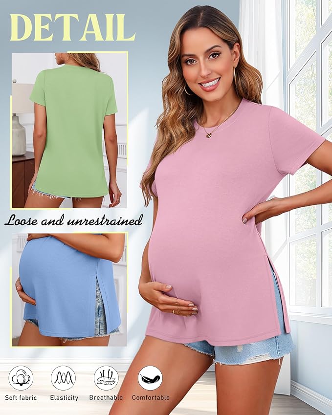 Ficerd 3 Pack Women's Maternity T Shirts, Short Sleeve Side Split Pregnancy Tops Casual Crew Neck Pregnant Tees Mama Clothes
