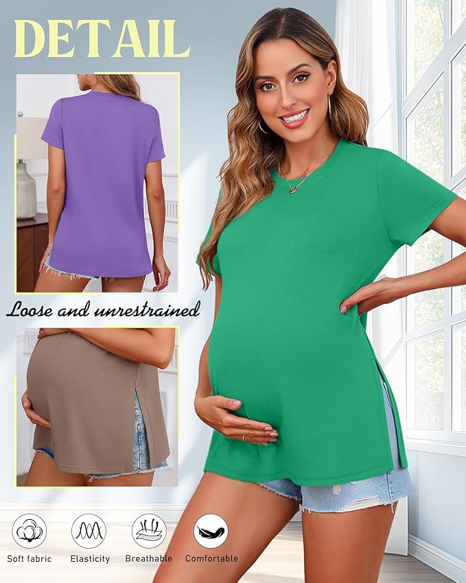 Ficerd 3 Pack Women's Maternity T Shirts, Short Sleeve Side Split Pregnancy Tops Casual Crew Neck Pregnant Tees Mama Clothes