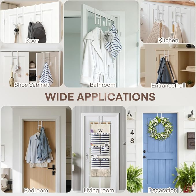 FYY 2 Packs Over The Door Hooks, Dual-Sided Door Hanger Hook, Heavy Duty No Drill Wall Hooks for Hanging Coats, Towels, Bags, Kitchen Closet Fits Most Doors Up to 1-7/8" Thickness (White)