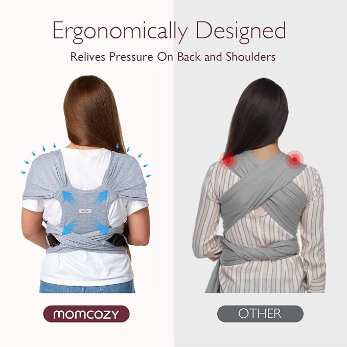 Momcozy Baby Wrap Carrier Skin-Friendly Fabric, Easy to Wear Baby Carrier Sling T-Shirt Design, Hands Free Baby Carriers Newborn to Toddler 8-35lbs, Adjustable Buckle Suit for Waist Waist 47-57, Grey