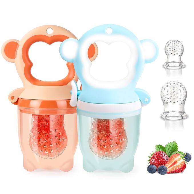 Baby Fresh Fruit Feeder Pacifier, 2 Pack HAOBAOBEI Baby Teether for Chewing, Freezable Infant Teething Toy, Teething Relief, Food Feeder with 4 Silicone Pouch, BPA Free - Monkey (Orange & Blue)
