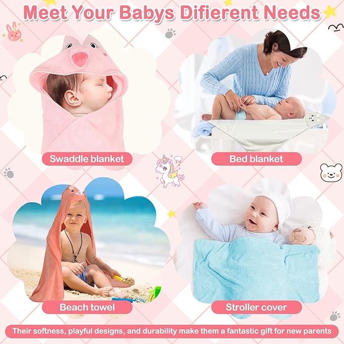 15 Pcs Baby Hooded Baby Towel, Hooded Baby Bath, 5 x Cute Baby Towels and 10 x Baby WashCloth Sets- Perfect Shower Gift for Boys or Girls, Absorbent, Soft, Comforting for Newborn, Infant and Toddler
