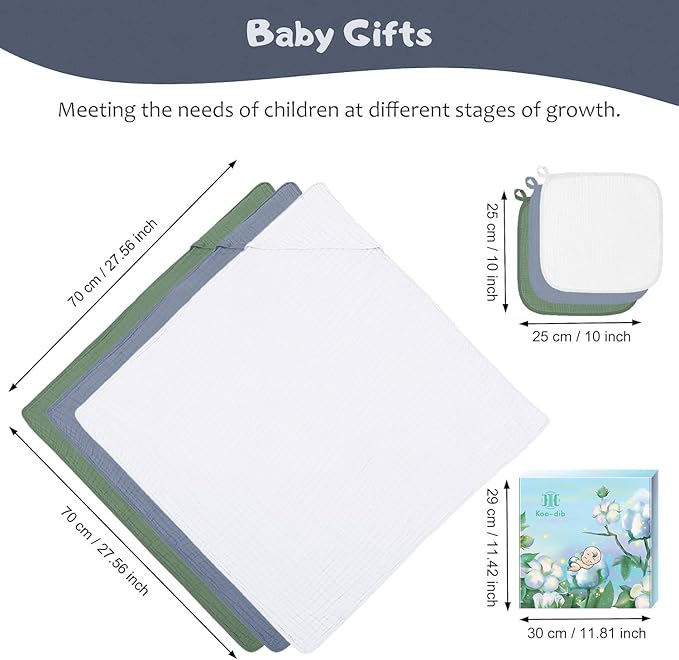 Soft Hooded Baby Towels for Newborn Babies 6 Pack 100% Cotton Muslin Baby Bath Towel with Hood, Absorbent Baby Bath Towels for Boys and Girls (Blue & Green & White)