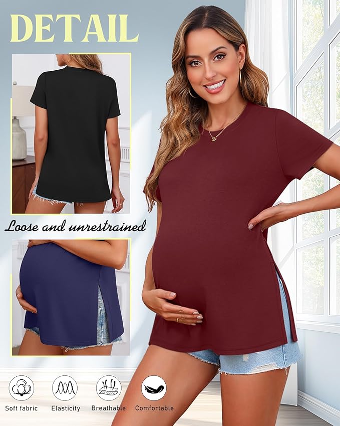 Ficerd 3 Pack Women's Maternity T Shirts, Short Sleeve Side Split Pregnancy Tops Casual Crew Neck Pregnant Tees Mama Clothes