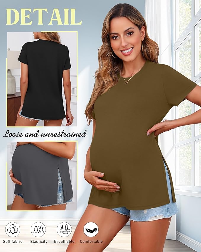 Ficerd 3 Pack Women's Maternity T Shirts, Short Sleeve Side Split Pregnancy Tops Casual Crew Neck Pregnant Tees Mama Clothes