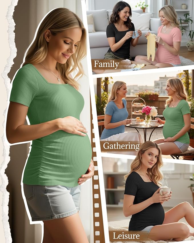Huukeay 4 Pack Women's Maternity Shirts Cotton Ribbed Short Sleeve Square Neck Pregnancy Tops Side Ruched Summer Tee