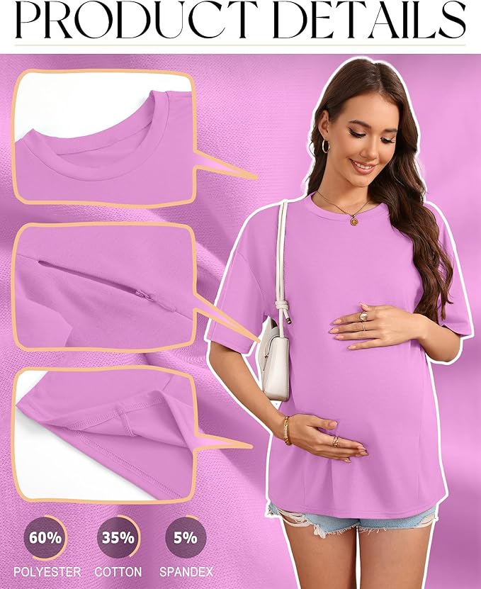 3 Pack Women's Oversize Nursing Breastfeeding Shirts Hidden Zipper Short Sleeve Loose Fit Maternity Tops
