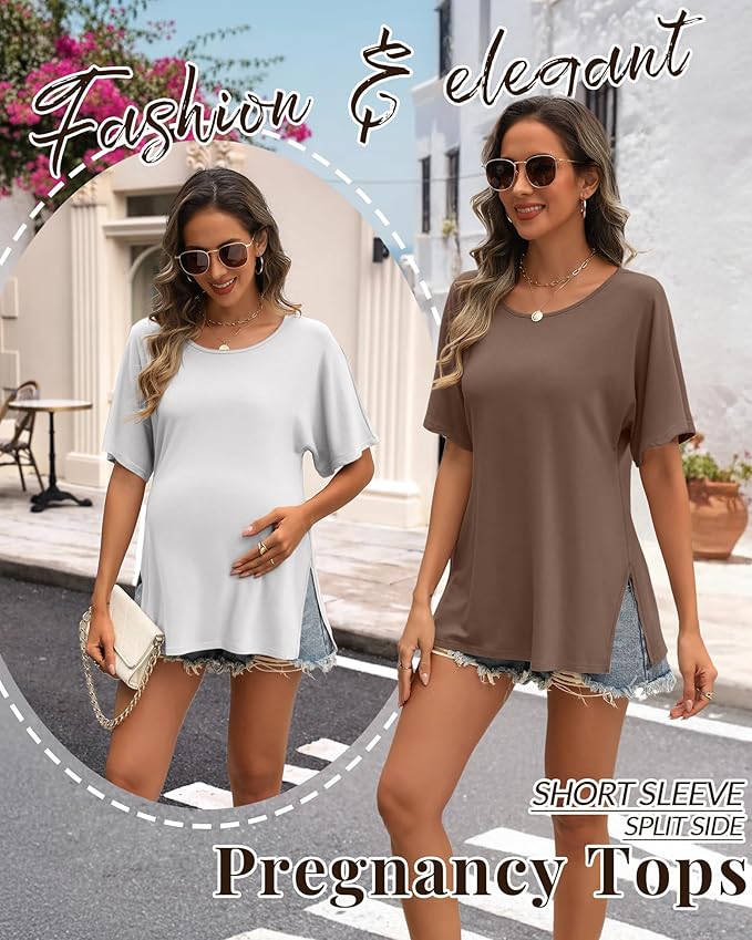Riyiper 3 Pack Women's Maternity Tunic Shirts Cotton Summer Pregnancy Clothes Loose Oversized Split Side Blouse Tops