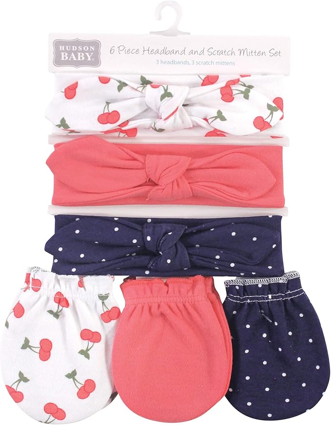 Hudson Baby baby-girls Cotton Headband and Scratch Mitten Set