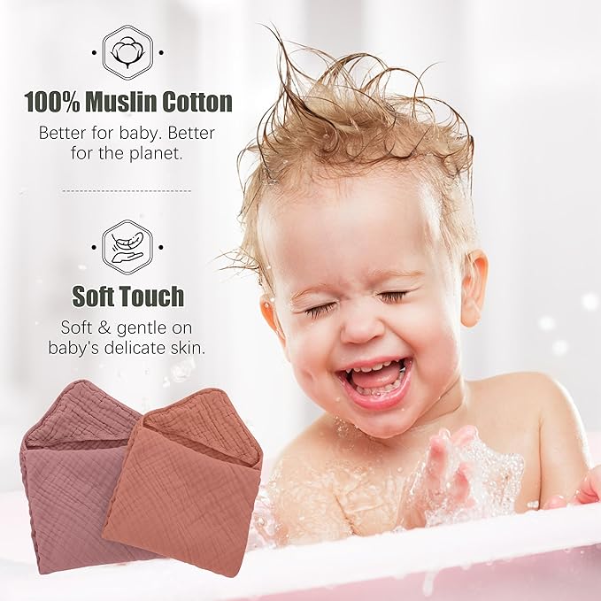 2 Pack Hooded Baby Towels - 100% Muslin Cotton for Newborns, Infants, Toddlers - Large 32x32 Inch Size - Highly Absorbent and Essential for Newborn Care, Deep Bean Paste