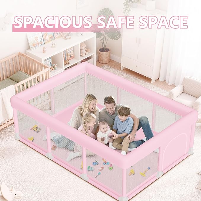 Large Baby Playpen 74"x50", Baby Girl Play Pen for Babies and Toddlers Pink, Safe Structure and Soft, Skin-Friendly Fabric with Zipper Gates