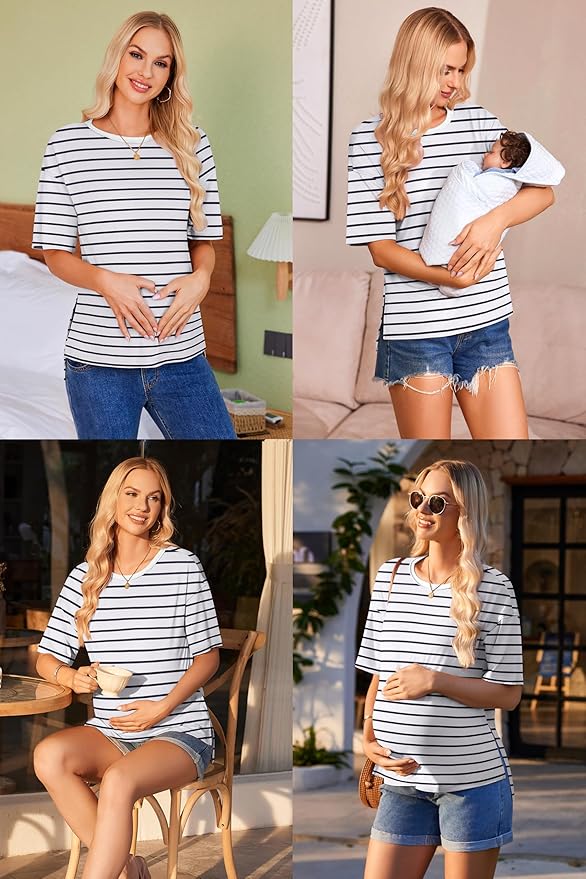 Ekouaer Maternity Shirts 3 Packs Short Sleeve Womens Oversized Pregnancy Tops Split Side Postpartum Blouse Clothes S-XXL