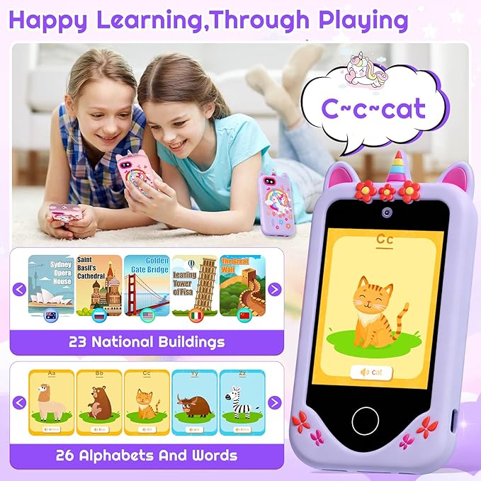 Kids Smart Phone for Girls, Touchscreen, 64GB Card Birthday Gifts for Girls Age 3, 4, 5, 6, 7, 8, 10 Year Old, Toddler Educational Learning Toys Phone with Dual Camera, Game, Music Player