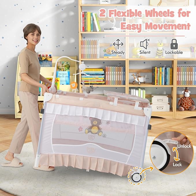 BABY JOY 4 in 1 Pack and Play with Canopy, Portable Baby Playard with Bassinet, Double-Layer Baby Crib, Wheels & Brake, Foldable Baby Girl Pink Bassinet from Newborn to Toddler