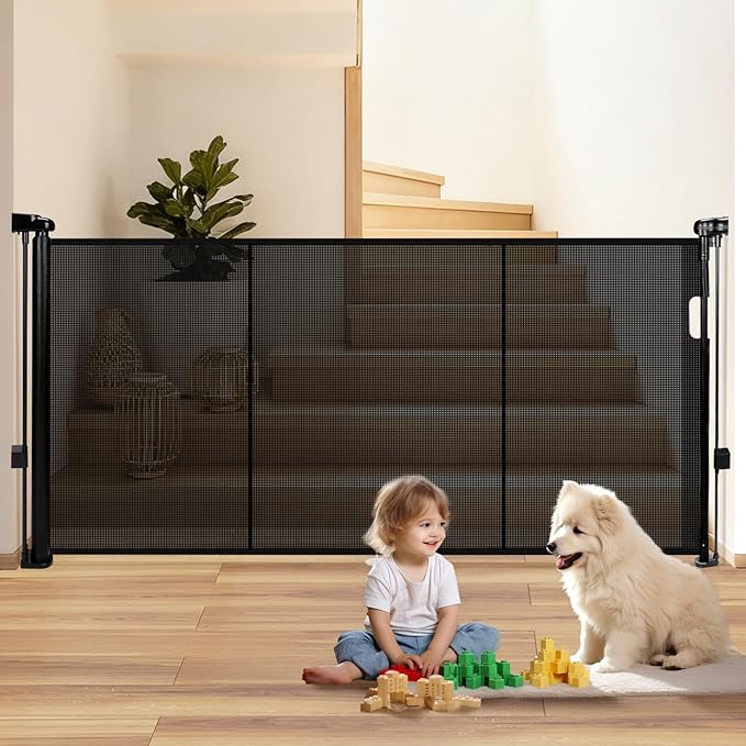 81" Retractable Baby Gate Extra Wide, 41" Tall Retractable Dog Gate for Stairs, Doorways, Decks, Mesh Gate Long Child Gate Pet Gate for Indoor, Outdoor, with Reinforced Mesh Rods, Dual Locks