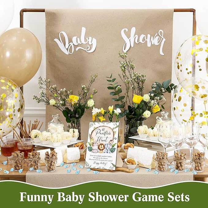 Roowest 51 Pcs Pacifier Hunt Baby Shower Games Include Wooden Hunt Sign and 50 Acrylic Mini Plastic Pacifiers for Baby Shower Game Decoration Gift Sets Gender Reveal Party Supplies