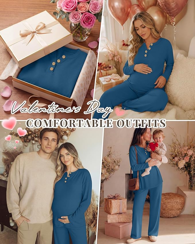 2 Piece Thermal Maternity Lounge Set Postpartum Pregnancy Fleece Loungewear Long Sleeve Top and Wide Leg Pant