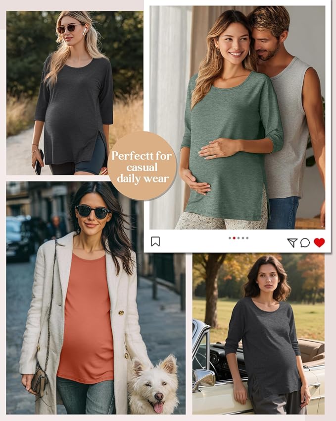 3 Pack Women's 3/4 Sleeve Maternity Shirts Elbow Length Clothes Round Neck Tunics Pregnancy Loose Side Split Tops