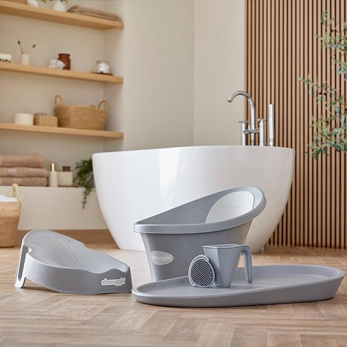 Shnuggle Newborn Baby Bath | Built in Support Bump and Soft Backrest | Suitable from Newborn | Bath Seat Support Includes Plug | Pebble Grey
