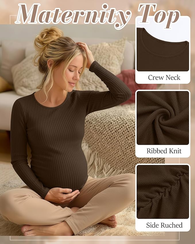Huukeay 4 Pack Women's Maternity Shirts, Long Sleeve Cotton Ribbed Pregnancy Tops Side Ruched Crew Neck Casual Mama Clothes