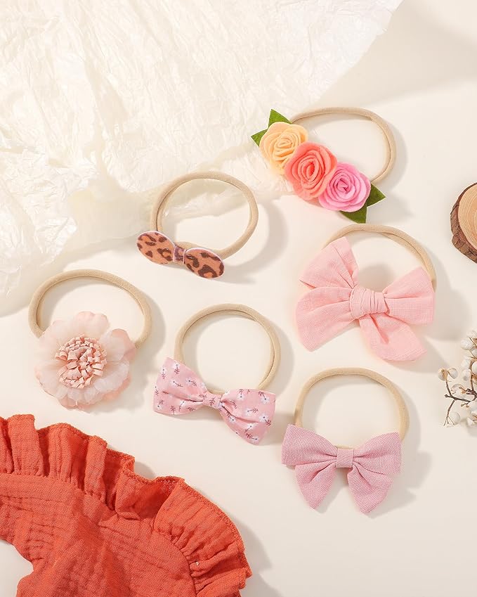 doboi Baby Girl Headbands 24PCS Nylon Linen Handmade Hairbands with Hair Bows and Accessories for Newborns, Infants, Toddlers, and Little Kids