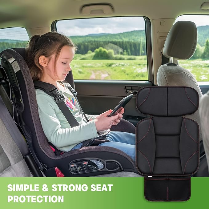 Siivton Kids Booster Seat Protector Mat, Thick, Anti-Slip, Waterproof, with Mesh Pockets for Toys & Snacks, Fits Most Cars, Black - 2 Pack