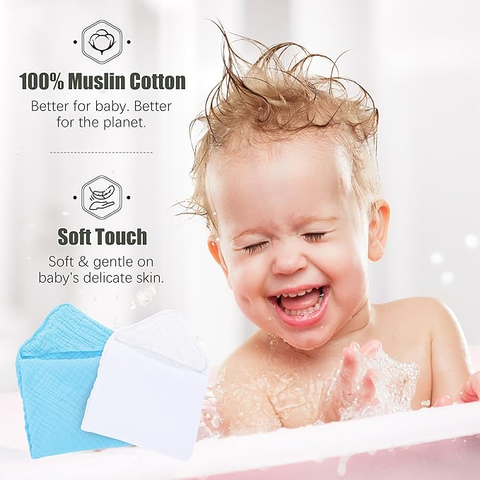 2 Pack Hooded Baby Towels - 100% Muslin Cotton for Newborns, Infants, Toddlers, and Kids - Large 32x32Inch Size - Highly Absorbent and Essential for Newborn Care, White and Aqua