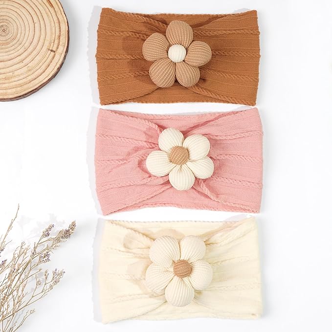 CÉLLOT Baby Flower Headbands Baby Girls Nylon Headbands Baby Essentials Stretchy Hairbands Handmade Hair Accessories for Newborn Infant Toddlers Kids (Pink,Brown,Beige)
