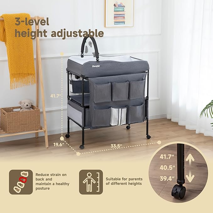 Baby Changing Table, Versatile Portable Folding Changing Table, Waterproof Diaper Changing Station with Waste Basket, Adjustable Height with 2 Drawers, Baby Changing Station