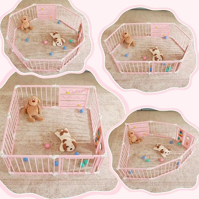 Foldable Wooden Baby Playpen with Soft Play Mat, Adjustable Playpen for Babies and Toddlers with 36 Colorful Balls, Portable Baby Fence Play Area Activity Center with Gate for Toddlers(56x56x23inches)