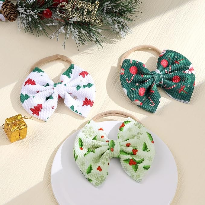 Christmas Baby Headbands, Santa Printed Elastic Nylon Hairbands in Red, White, Green for Newborn and Infant Girls, 3 Pcs (Christmas-A)