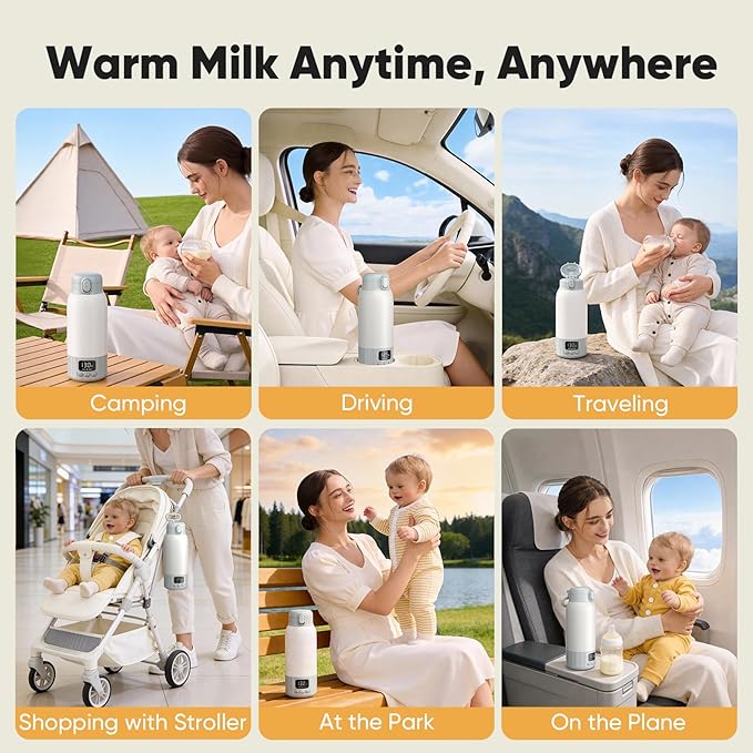 Portable Bottle Warmer for Travel, Fast Heating Milk Warmer On The Go, 17 OZ Water Warmer for Breast Milk, Formula, Water, Temp Control 98°F -131°F, Baby Essentials for Outdoor Airplane Car Journey