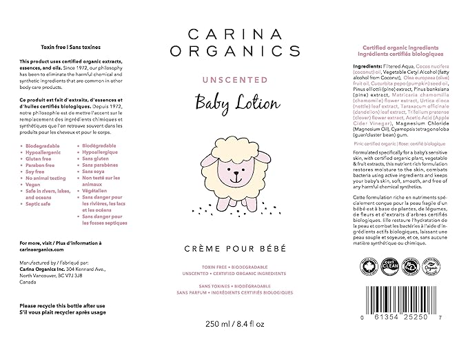 Carina Organics Extra Gentle Baby Lotion, Organic & Natural, for Sensitive Skin, Whole Body, 8 fl oz