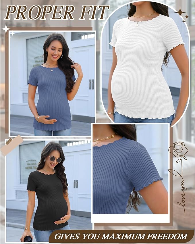 3 Pack Women's Maternity Ribbed Shirts Cotton Short Sleeve Pregnancy Tops Boat Neck Lettuce Trim Mama Clothes