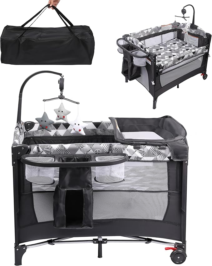 Xilingol 5-in-1 Baby Bassinet Bedside Sleeper, Portable Pack and Play with Changing Table, Baby Crib with Carry Bag, Cosleeper Bassinet Attach to Bed for Newborn to Toddlers