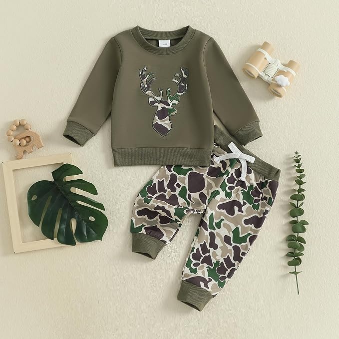 Muineobuka Toddler Baby Boy Hunting Clothes Reindeer Embroidery Sweatshirt and Camouflage Pants Outfits Baby Camo Clothing