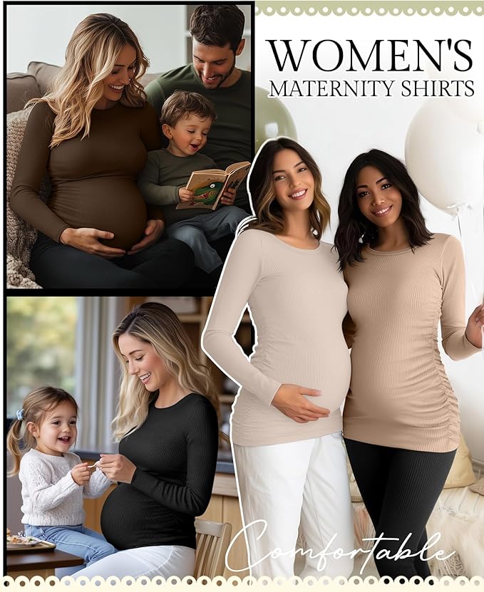Ficerd 4 Pack Women's Maternity Shirts Cotton Long Sleeve Ribbed Crew Neck Pregnancy Tops Side Ruched Casual Mama Clothes