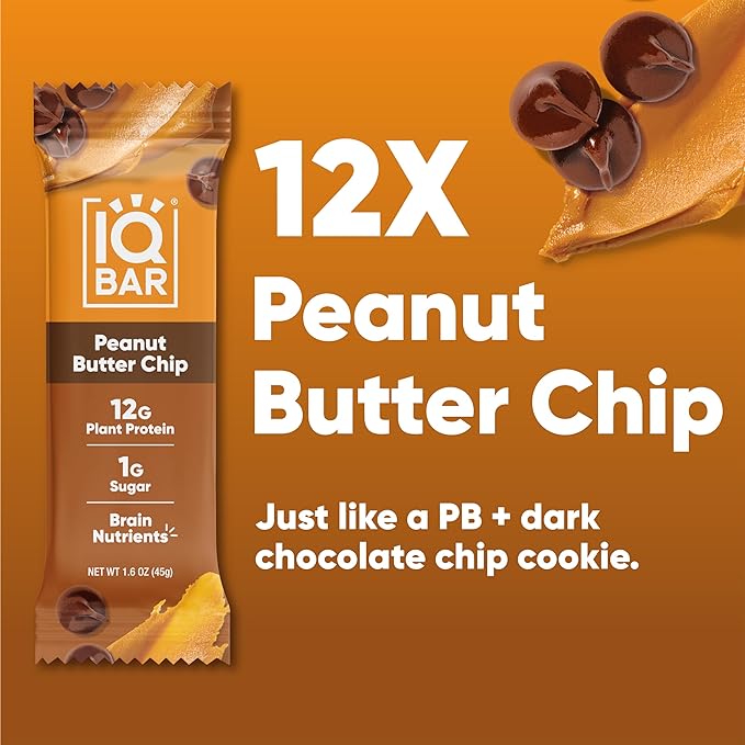 IQBAR Brain and Body Plant Protein Bars - Peanut Butter Chip - 12-Count - Keto, Vegan, Low Carb, High Fiber, Gluten Free, Dairy Free, Low Sugar Snack with Nutrients for Focus, Energy, Meal Replacement