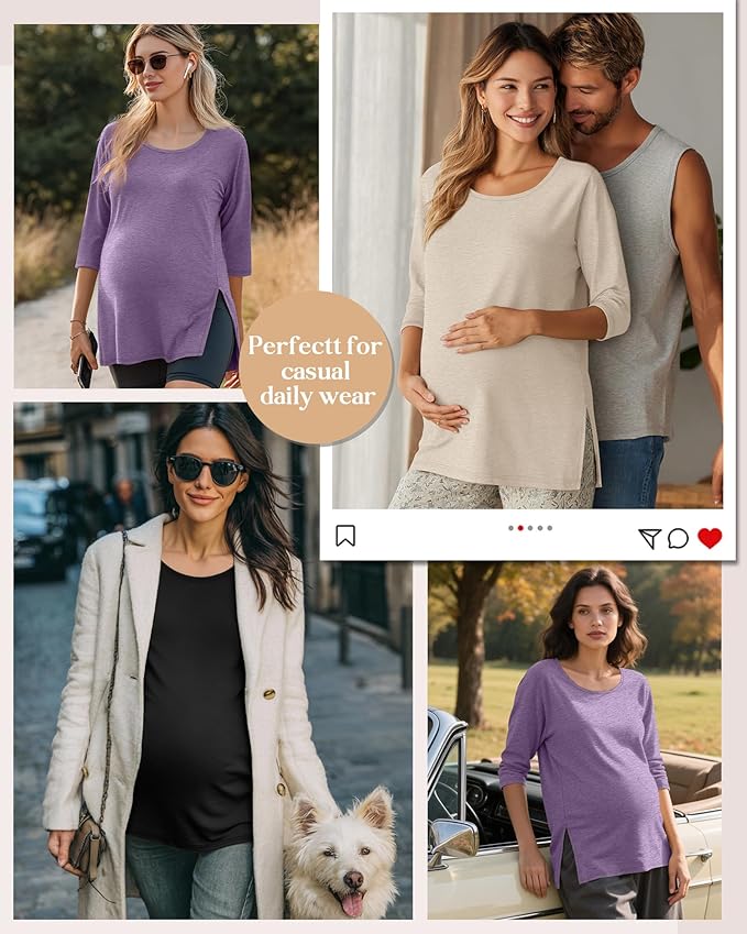 3 Pack Women's 3/4 Sleeve Maternity Shirts Elbow Length Clothes Round Neck Tunics Pregnancy Loose Side Split Tops