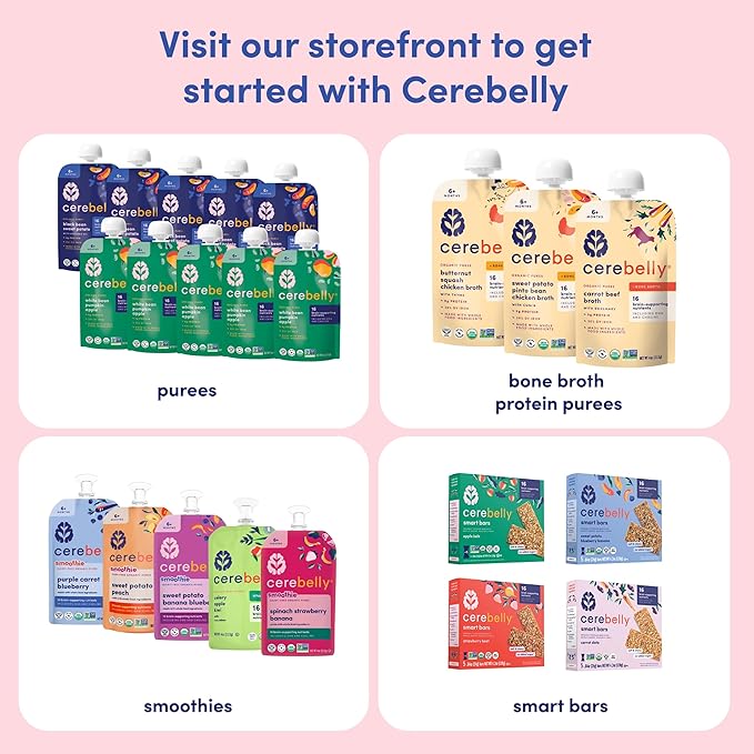 Cerebelly Organic Baby Food Pouches Variety Pack, Veggie & Fruit Purees, 16 Nutrients, No Added Sugar, Fiber & Non-GMO, 4oz, 8 Pack