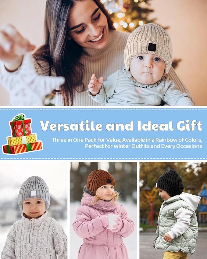 Alepo 3 Pack Baby Beanie Hats with Earflaps, 2 Size Baby Winter Hat for Toddler Kids, Fleece Lined Knit Hat for Girls Boys