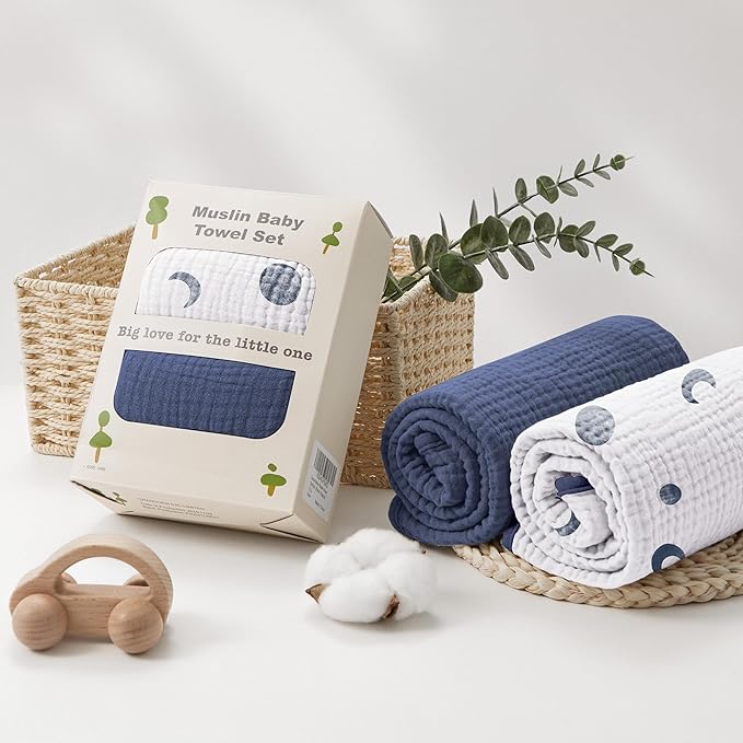 Susurration Hooded Baby Towels for Newborn 2 Pack 100% Muslin Cotton Towel for Babies,Highly Absorbent and Newborn Essential 30x30 Inch Moon&Royal Blue