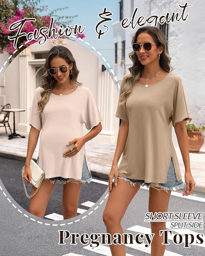 Riyiper 3 Pack Women's Maternity Tunic Shirts Cotton Summer Pregnancy Clothes Loose Oversized Split Side Blouse Tops