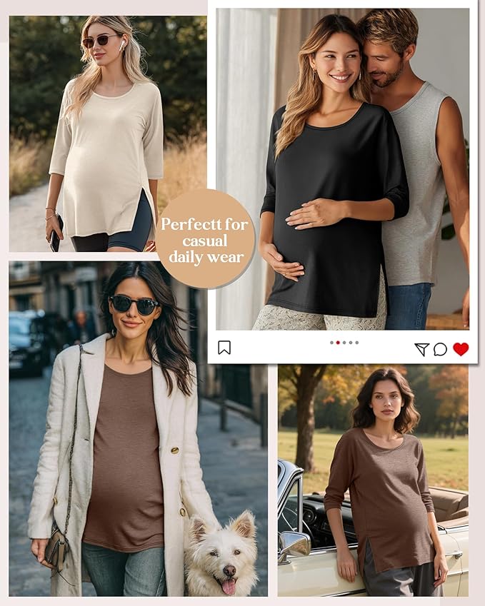 3 Pack Women's 3/4 Sleeve Maternity Shirts Elbow Length Clothes Round Neck Tunics Pregnancy Loose Side Split Tops