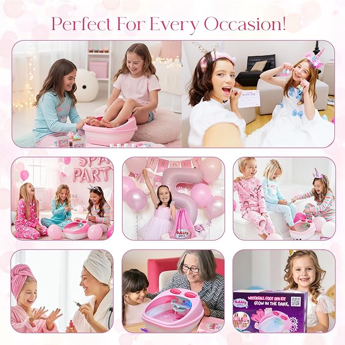 Glow in Dark Kids Spa Day Kit for Girls, 42+ Pieces Waterfall Foot Spa Toys, Nail Spa Kit, Pedicure Manicure Accessories, Perfect Spa Kit for Girls Ages 6 7 8 9 10 11 12, Fun Birthday Gifts or Present