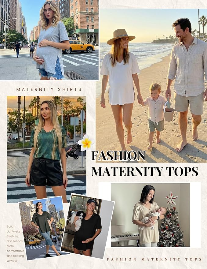 Ekouaer 3 Packs Women's Maternity Shirts V Neck Pregnancy Tops Short Sleeve Casual Workout Tees Side Split Mama Clothes