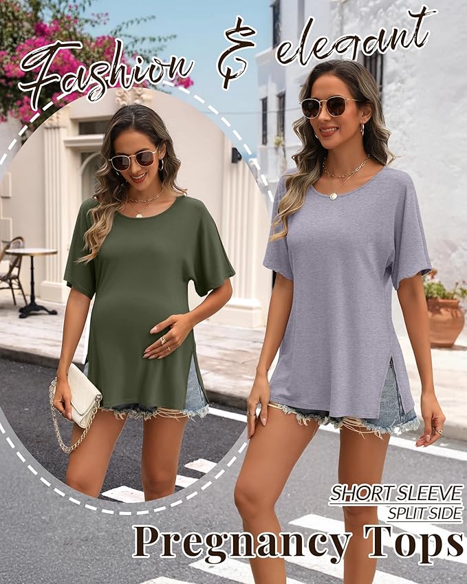 Riyiper 3 Pack Women's Maternity Tunic Shirts Cotton Summer Pregnancy Clothes Loose Oversized Split Side Blouse Tops