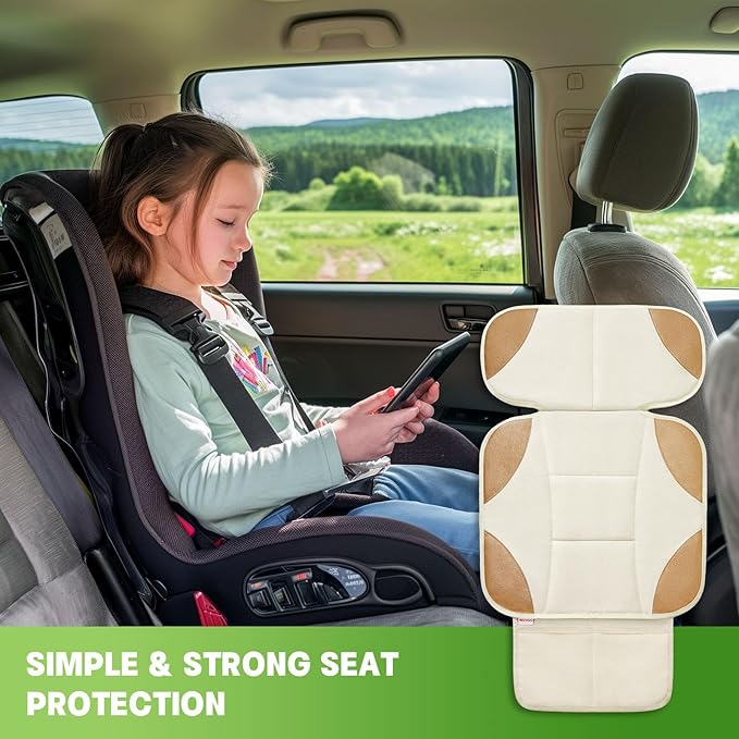 Siivton Car Seat Protector for Kids, Anti-Slip Design, Thick Padding, Prevents Seat Marks, 2 Storage Pockets for Toys & Snacks, Fits Most Cars, Black (Beige, 2 Pack)